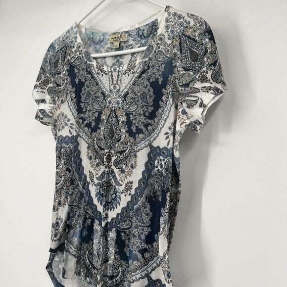 One World Small SS Blouse Paisley Y2K Boho Festival Hippie Fairy Rhinestones - Picture 3 of 8